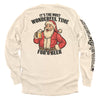 Tan long-sleeve shirt with Santa beer graphic on back and vertical black sleeve text