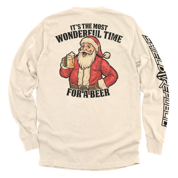 Tan long-sleeve shirt with Santa beer graphic on back and vertical black sleeve text