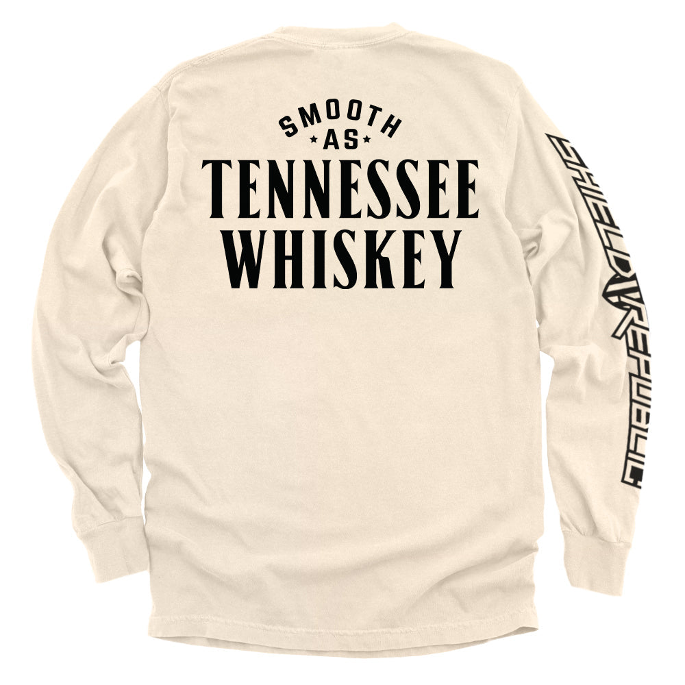 Cream long-sleeve shirt with Tennessee Whiskey text on back and vertical side print