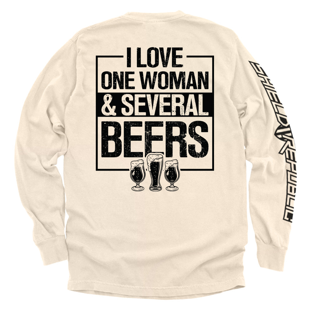 Ivory long-sleeve shirt with 'I LOVE ONE WOMAN & SEVERAL BEERS' back graphic and beer mugs