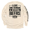 Ivory long-sleeve shirt with 'I LOVE ONE WOMAN & SEVERAL BEERS' back graphic and beer mugs