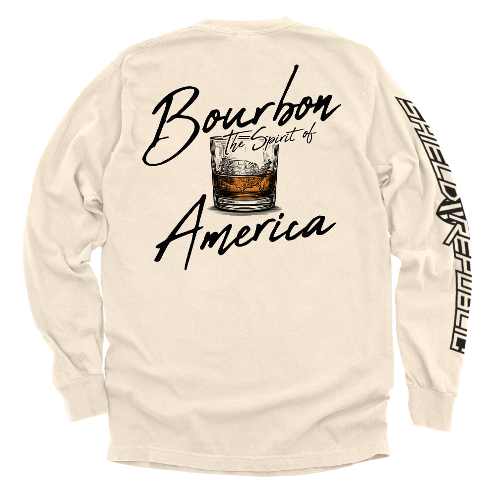 Sand long-sleeve tee with Bourbon the Spirit of America back graphic