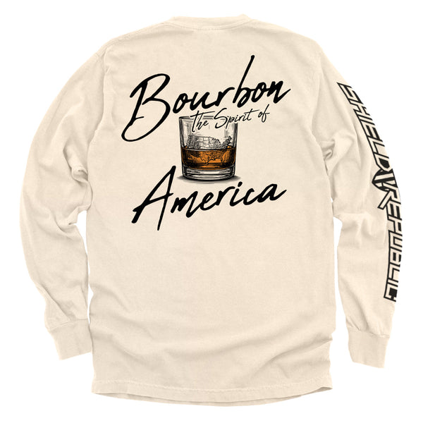 Sand long-sleeve tee with Bourbon the Spirit of America back graphic