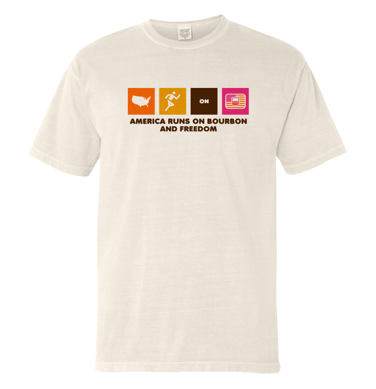Light sand T-shirt with multicolor “America Runs on Bourbon and Freedom” front graphic