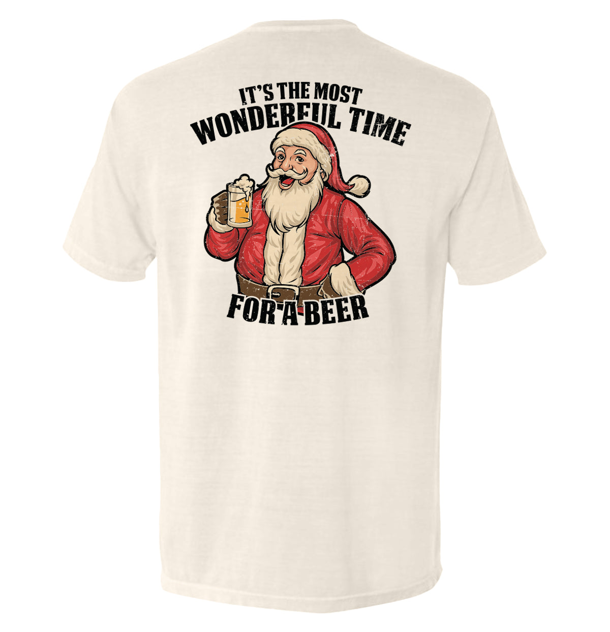 Ivory T-shirt with Santa beer graphic on back and bold black slogan text