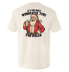 Ivory T-shirt with Santa beer graphic on back and bold black slogan text