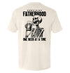 Ivory T-shirt with skeleton holding beer and 'Surviving Fatherhood' back graphic