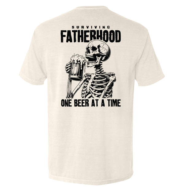 Ivory T-shirt with skeleton holding beer and 'Surviving Fatherhood' back graphic