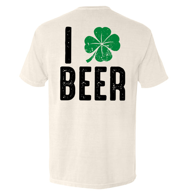 Ivory T-shirt with back print "I BEER" and green clover graphic