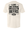 Ivory T-shirt with 'I LOVE ONE WOMAN & SEVERAL BEERS' back graphic and beer mugs