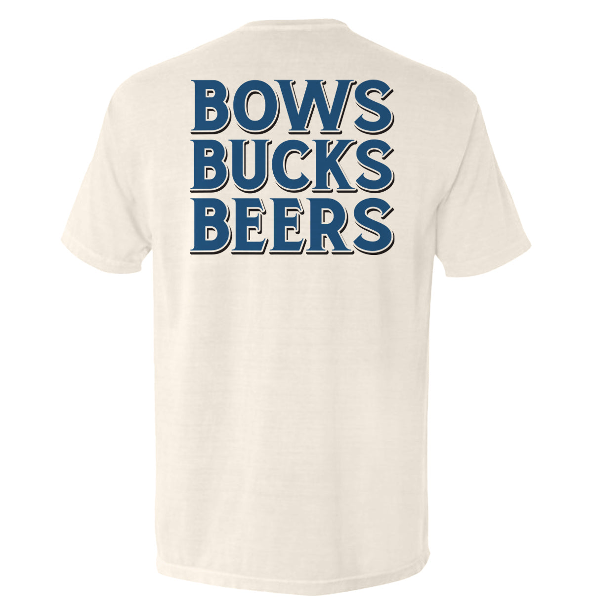 Ivory T-shirt, back graphic 'BOWS BUCKS BEERS' in navy