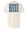 Ivory T-shirt, back graphic 'BOWS BUCKS BEERS' in navy