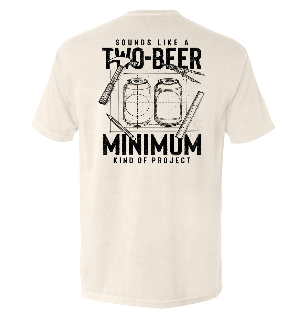 Two-beer minimum graphic T-shirt, light tan back print with beer cans