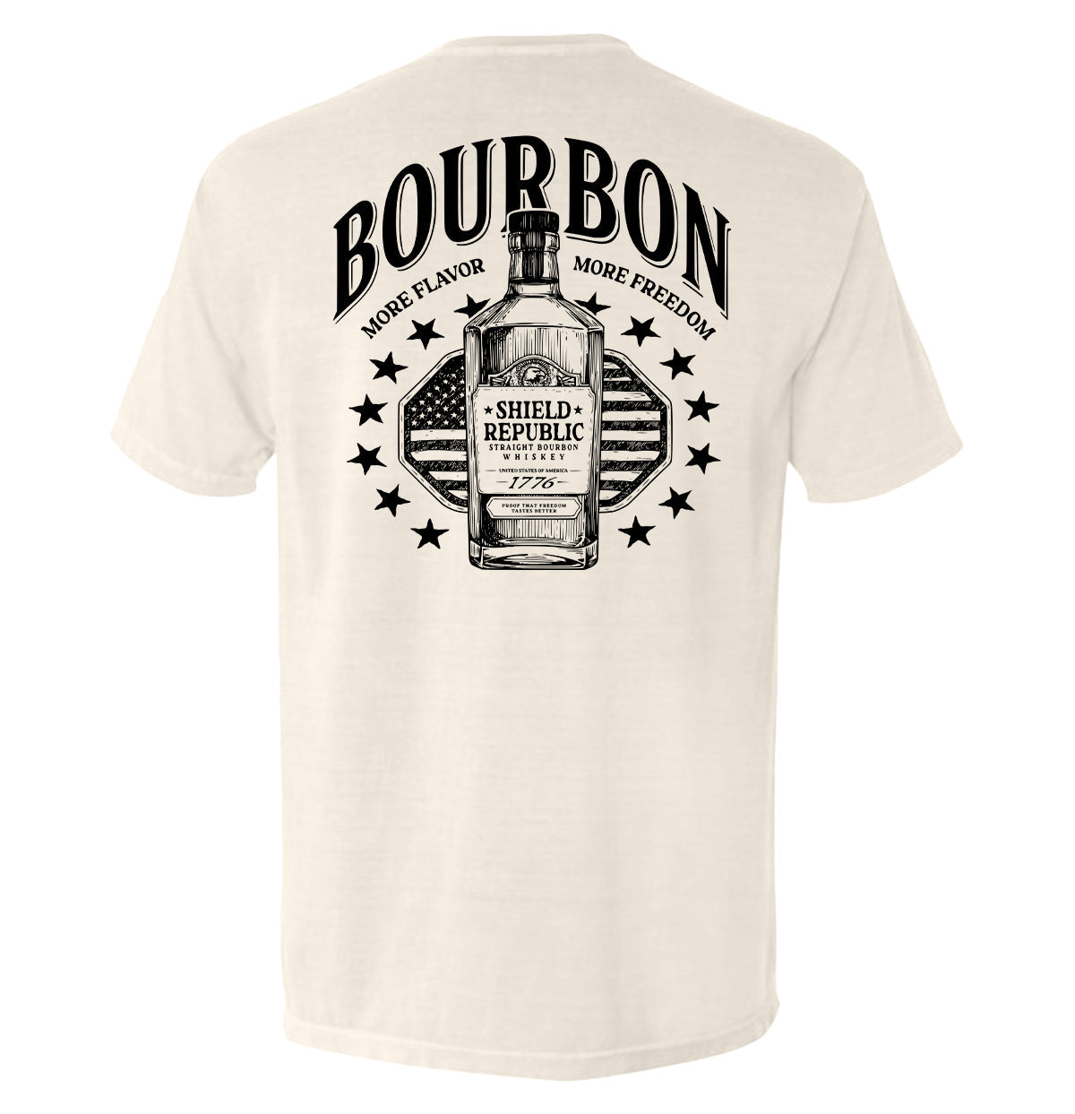 Ivory back graphic T-shirt with bottle and stars emblem, short sleeves