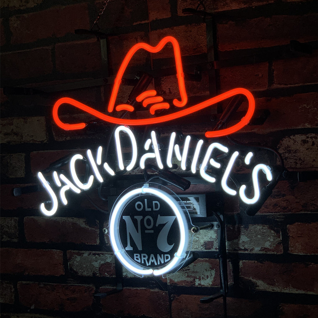 Jack Daniel's Old No.7 neon sign with red boot outline and glowing round Old N°7 Brand