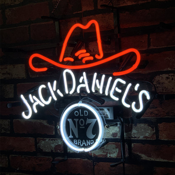 Jack Daniel's Old No.7 neon sign with red boot outline and glowing round Old N°7 Brand