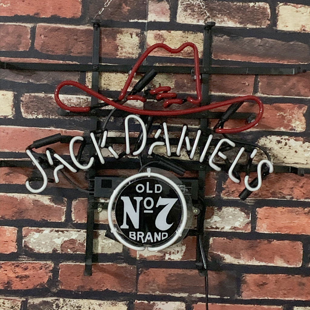 Jack Daniel's Old No.7 neon sign on metal frame, red boot and white 'Jack Daniel's' text