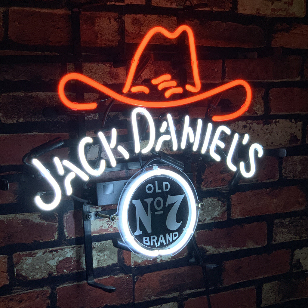 Jack Daniel's Old No.7 neon sign, red halo and white 'Jack Daniel's' lettering