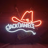 Neon bottle-shaped wall sign with Jack Daniel’s text and bottle outline, orange glow