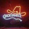 Neon bottle-shaped wall sign with Jack Daniel’s logo in orange and white glow