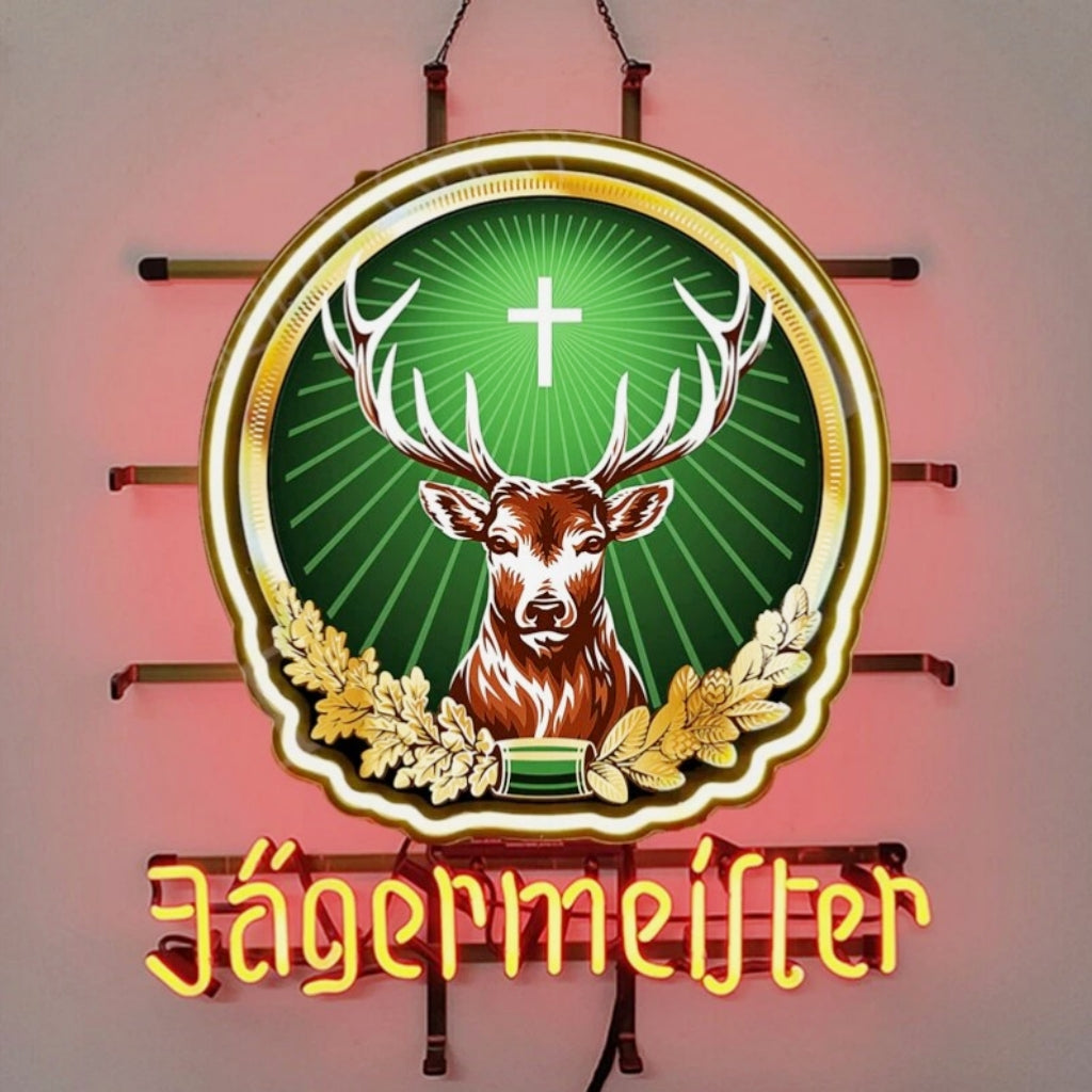Jagermeister neon light sign with circular green deer emblem, antlers, laurel wreath, glowing text