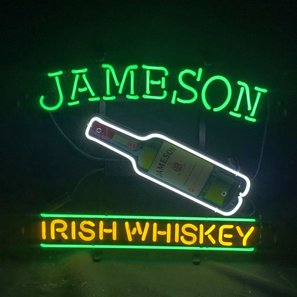 Neon light sign with angled bottle graphic; green JAMESON and yellow IRISH WHISKEY text