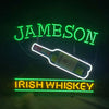 Neon light sign with angled bottle graphic; green JAMESON and yellow IRISH WHISKEY text