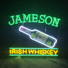 Neon light sign with bottle graphic; green JAMESON and yellow IRISH WHISKEY text