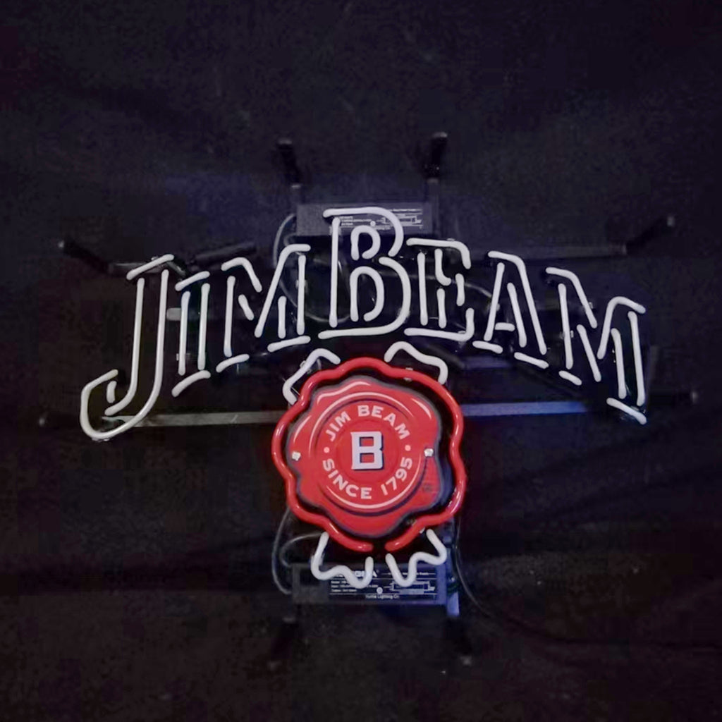 Jim Beam neon light sign with blue backing and red seal emblem