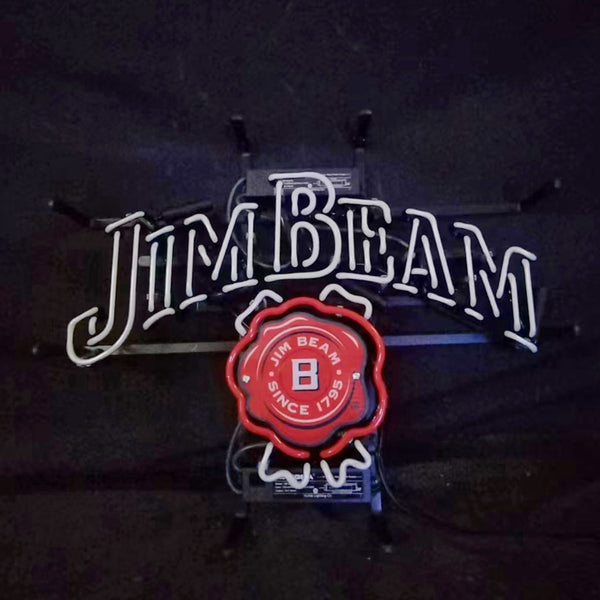 Jim Beam neon light sign with blue backing and red seal emblem