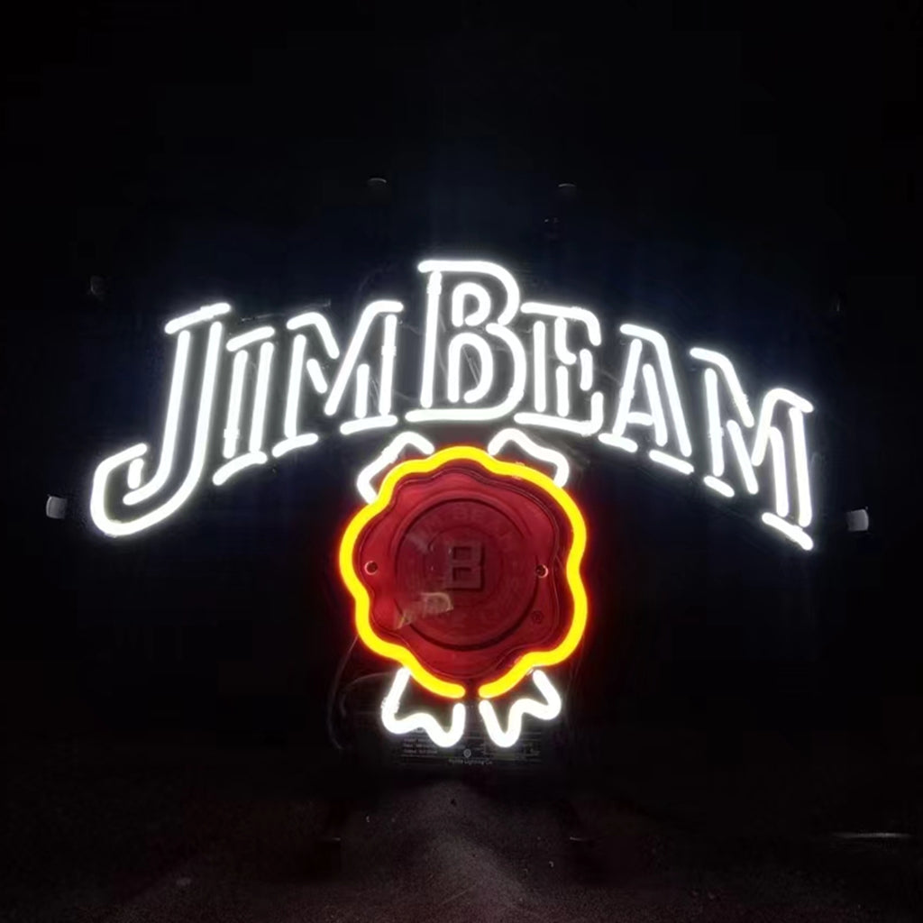 Jim Beam neon light sign with glowing text and red seal emblem with yellow glow
