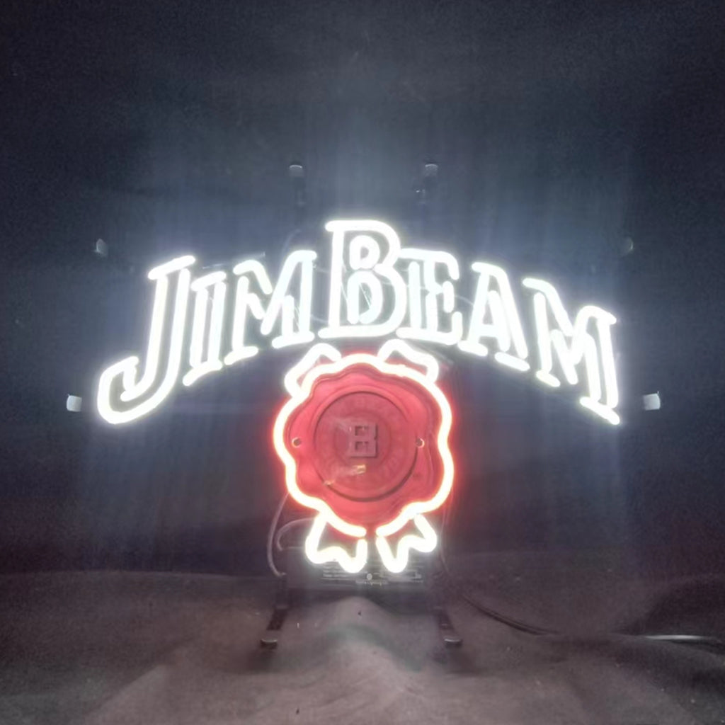 Jim Beam neon light sign with glowing text and red seal emblem