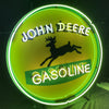 John Deere Gasoline neon sign with horse silhouette, green neon outline and yellow background.