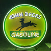 John Deere Gasoline neon sign with horse silhouette, green ring and yellow center.
