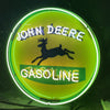John Deere Gasoline neon sign, green light ring over yellow panel with horse icon.