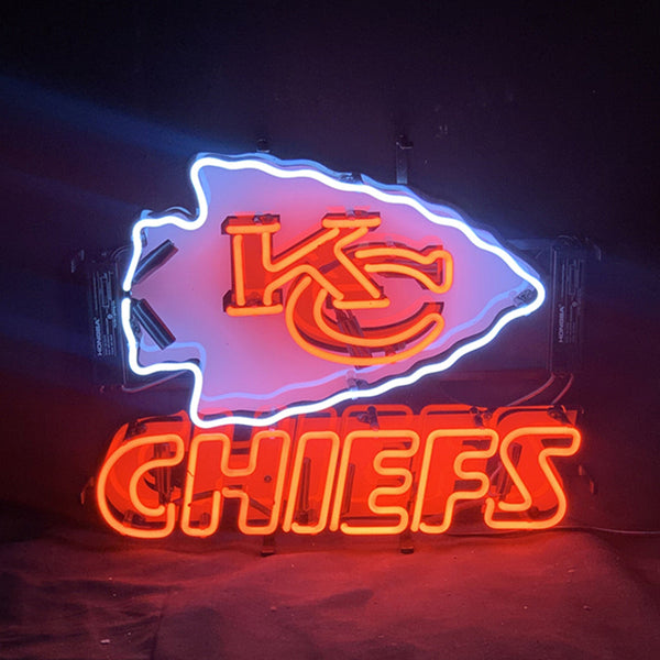 KC Chiefs acrylic neon logo sign with bright KC arrow outline and CHIEFS