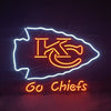 Neon KC Chiefs logo sign with blue-white outline, red center, and Go Chiefs text
