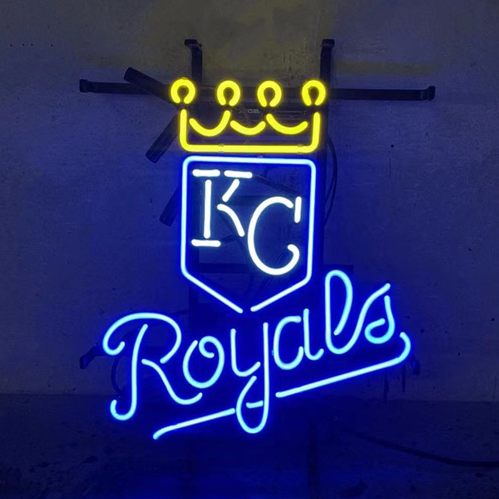 Kansas City Royals neon sign light with yellow crown and blue shield and 'Royals' script
