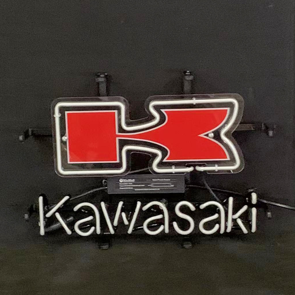 Kawasaki Beer neon sign with blue-outlined red logo and Kawasaki script text