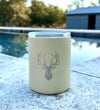 Light khaki insulated whiskey tumbler with deer emblem