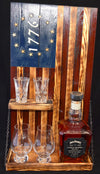 Whiskey Bottle Rack - 1776 Blue and Red With Shot Glass Shelf For the Bar 13 Stripes