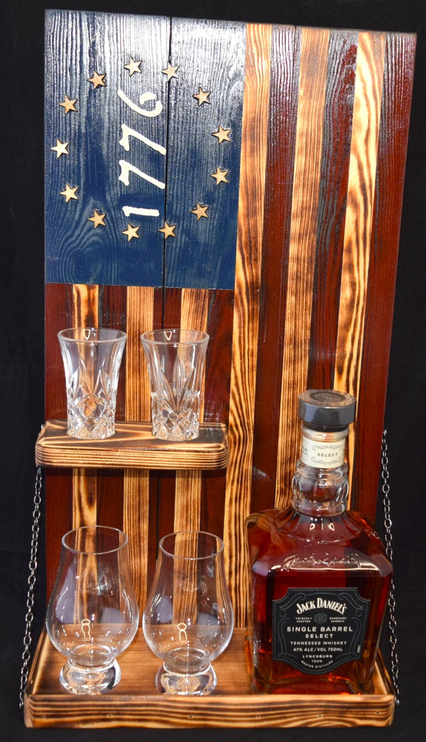 Whiskey Bottle Rack - 1776 Blue and Red With Shot Glass Shelf For the Bar 13 Stripes