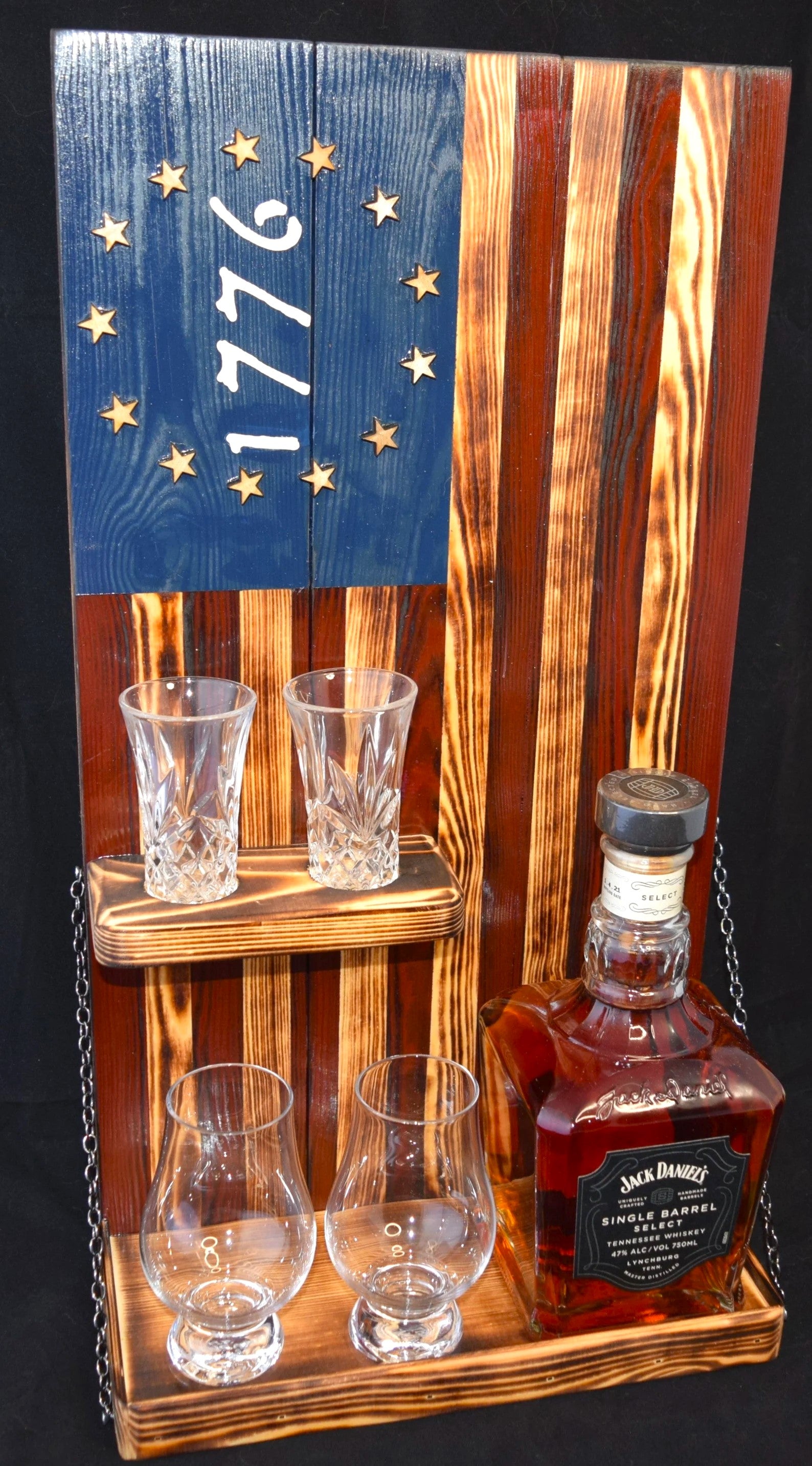 Whiskey Bottle Rack - 1776 Blue and Red With Shot Glass Shelf For the Bar 13 Stripes