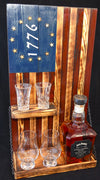 Whiskey Bottle Rack - 1776 Blue and Red With Shot Glass Shelf For the Bar 13 Stripes