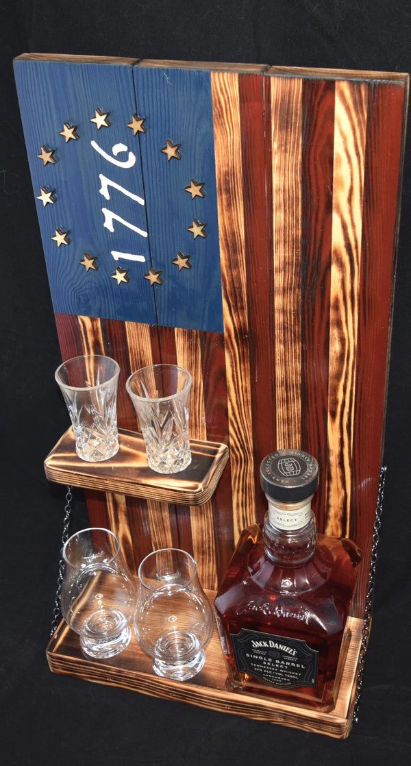 Whiskey Bottle Rack - 1776 Blue and Red With Shot Glass Shelf For the Bar 13 Stripes