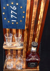 Whiskey Bottle Rack - 1776 Blue and Red With Shot Glass Shelf For the Bar 13 Stripes