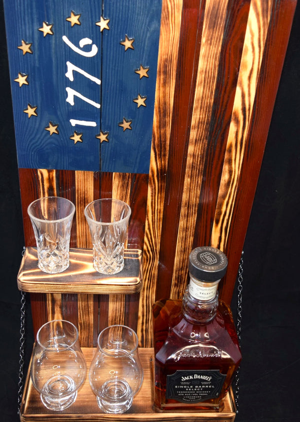 Whiskey Bottle Rack - 1776 Blue and Red With Shot Glass Shelf For the Bar 13 Stripes