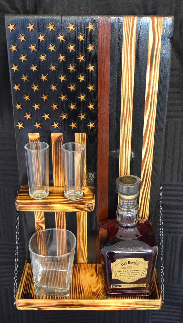 Whiskey Bottle Rack - Thin Red Line With Shot Glass Shelf