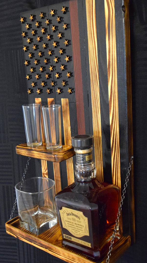 Whiskey Bottle Rack - Thin Red Line With Shot Glass Shelf