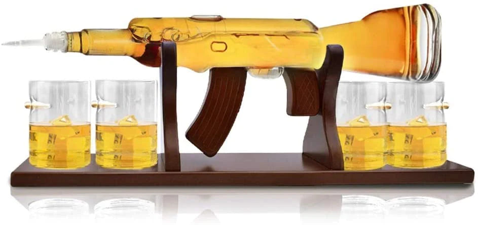 Machine Gun Whiskey Decanter Set - with 4 Bullet Rocks Glasses